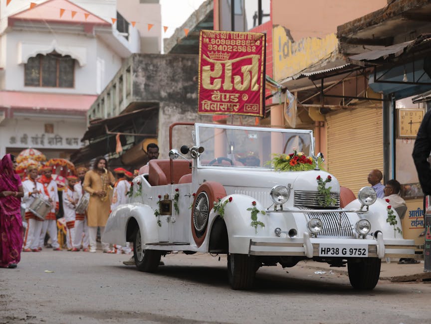 Elegant vintage car decorated for Indian wedding ceremony in Udaipur